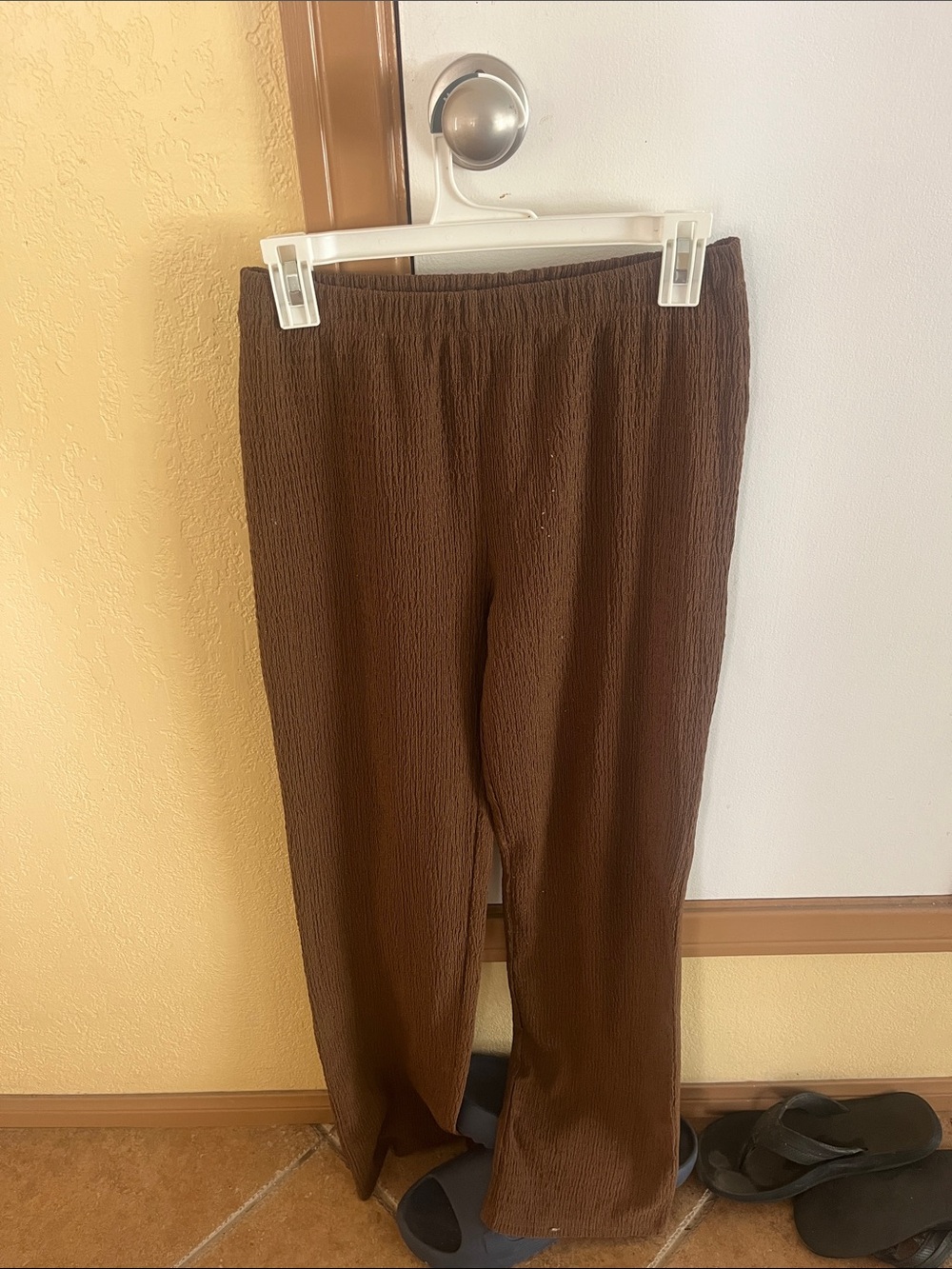 Brown Textured Elastic Waist Pants